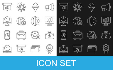 Poster - Set line Medal with star, Wallet dollar, Monitor graph chart, Sales funnel arrows, Earth globe, Computer monitor, Graph, diagram, infographic and Globe of the and gear icon. Vector