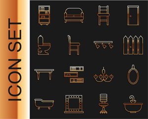 Poster - set line washbasin with water tap, mirror, garden fence wooden, chair, toilet bowl, library bookshel