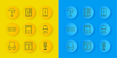 Poster - set line armchair, electrical outlet, wardrobe, office, toilet bowl, table lamp, and icon. vector