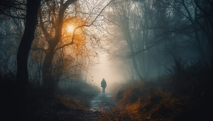 Poster - One person walking through spooky forest, autumn mystery surrounds generative AI