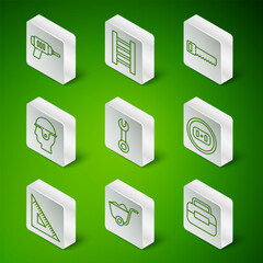 Poster - Set line Toolbox, Shovel, Electric drill machine, Wrench spanner, Worker safety helmet, Wooden staircase, Triangular ruler and Electrical outlet icon. Vector