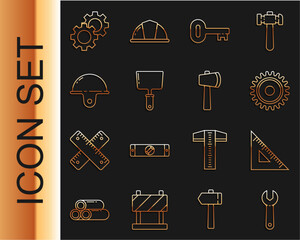 Aufkleber - Set line Wrench spanner, Triangular ruler, Circular saw blade, Old key, Putty knife, Worker safety helmet, Gear and Wooden axe icon. Vector