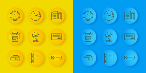 Poster - Set line Keyboard, Printer, Office chair, Movie, film, media projector, Business card, Clock, Telephone and Pie chart infographic icon. Vector