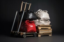 Bags, Pallet Jack On Reflective Background. Generative AI