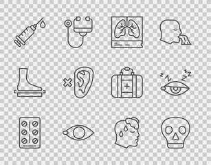 Wall Mural - Set line Pills in blister pack, Skull, Lungs x-ray, Blindness, Syringe, Deaf, High human body temperature and Insomnia icon. Vector