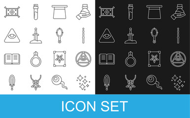 Canvas Print - Set line Sparkle stars with magic, Masons, Magic wand, hat, Sword in the stone, carpet and hand mirror icon. Vector