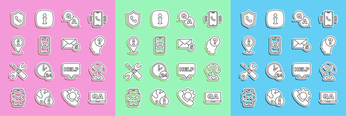 Poster - Set line Question and Answer, Speech bubble chat, Head with question mark, Telephone 24 hours support, Location information, and New, email incoming message icon. Vector