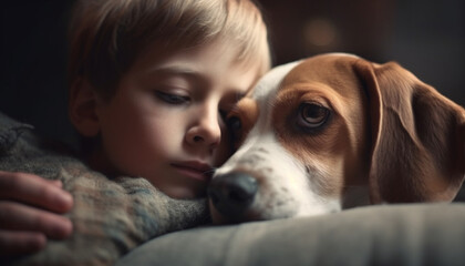 Poster - a cute beagle puppy embracing a smiling child in friendship generated by ai