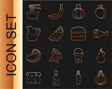 Set Line Garlic, Pear, Chicken Leg, Onion, Watermelon, Jug Glass With Milk, Asian Noodles In Bowl And Burger Icon. Vector