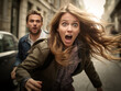 An expressive woman is frightened because she is being chased by an unknown strange man