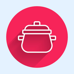 Poster - white line cooking pot icon isolated with long shadow. boil or stew food symbol. red circle button. 