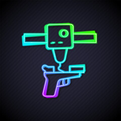 Poster - glowing neon line 3d printer gun icon isolated on black background. 3d printing. vector