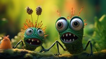 Two Cartoon Green Bugs With Big Eyes And Teeth, AI