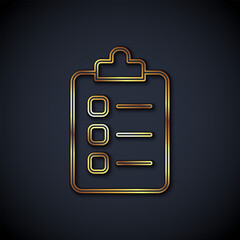 Poster - gold line to do list or planning icon isolated on black background. vector