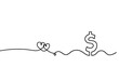 Abstract hearts with dollar as continuous line drawing on white background. Vector