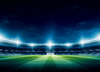 Football field with spotlight, green grass and night sky, Soccer stadium field, soccer background