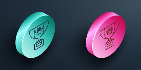 Wall Mural - Isometric line Pet award symbol icon isolated on black background. Medal with dog footprint as pets exhibition winner concept. Turquoise and pink circle button. Vector