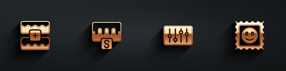 Poster - Set Music wave equalizer, , Sound mixer controller and LSD acid mark icon with long shadow. Vector