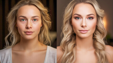 a bridal beauty makeover: before photo captures a lovely natural look, while the after image reveals