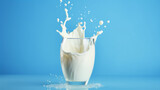 Glass of milk on isolated blue background - ai generative