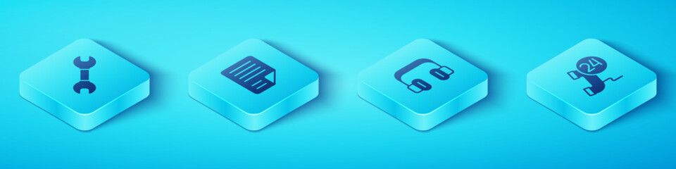 Poster - Set Isometric Wrench spanner, File document, Telephone 24 hours support and Headphones icon. Vector