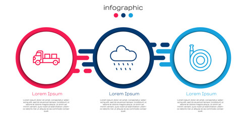 Sticker - Set line Pickup truck, Cloud with rain and Garden hose. Business infographic template. Vector