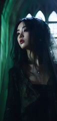 Wall Mural - Beautiful seductive Asian woman with fantasy makeup posing in a church. Glamorous portrait photo of a female, evil in gothic fashion. Concept of mystery and boho vintage style, pink, green, blue