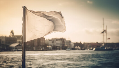 Canvas Print - Old sailing ship sails towards city skyline at sunset generated by AI