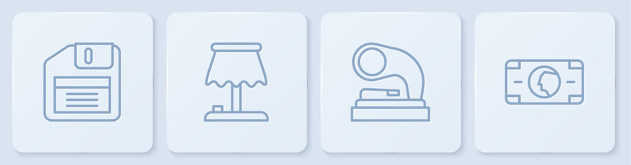 Poster - set line floppy disk, old gramophone, table lamp and stacks paper money cash. white square button. v