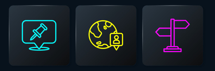 Poster - set line push pin, road traffic sign and location on the globe. black square button. vector