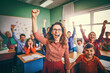 A happy teacher in a colorful classroom, surrounded by a group of enthusiastic students eager to learn.