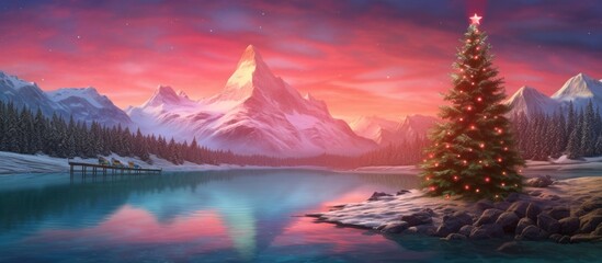 Wall Mural - Beautifully decorated and illuminated Christmas tree in the Winter Landscape