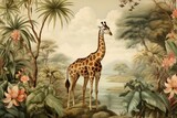 Wallpaper giraffe gracefully navigating a lush jungle. Surrounding it are tropical forest leaves, a meandering river, and birds vintage style