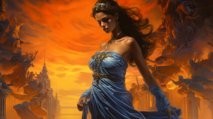 Wall Mural - Fantasy warrior amazonian woman in tight dress surrounded by a blazing fireball, female warrior, colorful science fiction art