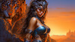 © MD Media - A fantasy female woman with a tiger in a erotic bikini costume. Futuristic portrait of a beautiful amazonian woman
