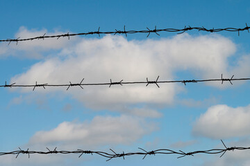 barbed wire through the lines which see the blue sky with clouds. selective focus