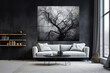 © BONI - Mockup de sala de estar con luz natural y un sillón de dos plazas grande blanco, decorado con un cuadro grande en la pared y una estantería de madera con libros