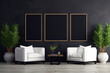 © BONI - Mockup de sala de estar oscura con dos butacas blancas y una mesa pequeña decorado con tres cuadros negros en la pared, luz natural.