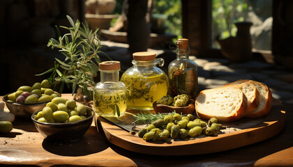 Sticker - Fresh olive oil, bread, and olives on rustic wooden table generated by AI