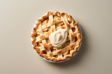 Wall Mural - a apple pie imagery in a minimalist photographic approach, top view, with brown background, modern food photography, with empty copy space