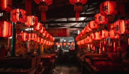 Poster - Vibrant paper lanterns illuminate ancient Chinese culture in Beijing Chinatown generated by AI