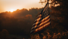 American Flag Waves In Tranquil Sunset, Symbol Of Freedom Pride Generated By AI