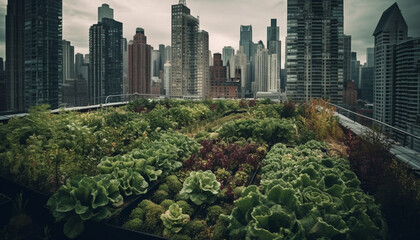 Wall Mural - Modern city skyline grows amidst nature green landscape and architecture generated by AI