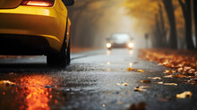 Car Luminous Fog Lamp Close-up, Autumn Wet Road In The Weather Rain And Fog