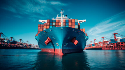 Front view of container ship in the international terminal logistic sea port