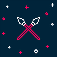 Poster - Line Crossed medieval spears icon isolated on blue background. Medieval weapon. Colorful outline concept. Vector