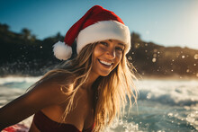 Young Gorgeous Surfer Girl In Santa Claus Hat Wearing A Bikini At The Beach