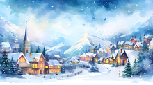Watercolor Village Santa, Winter Or Christmas Landscape, Fairy Tale Town, Colorful Tale Houses,. Wonderland, Christmas Village , Winter Holidays. New Year
