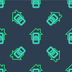 Poster - Line Mobile phone with smart home icon isolated seamless pattern on blue background. Remote control. Vector