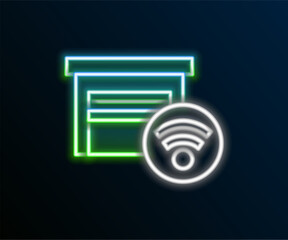 Poster - Glowing neon line Smart garage icon isolated on black background. Colorful outline concept. Vector